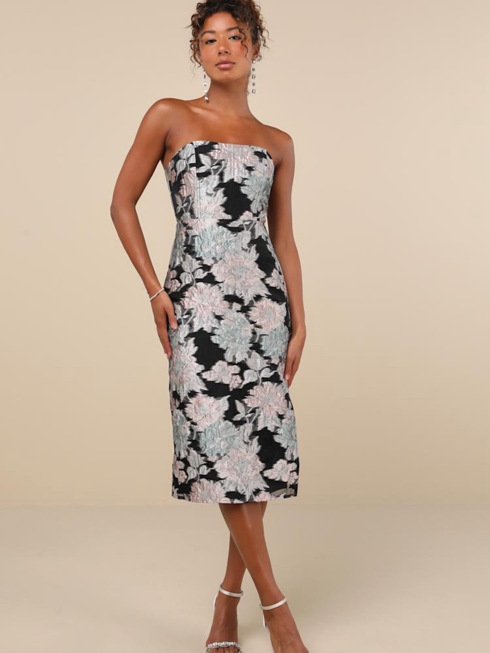 Lulu's Black Strapless Floral Midi Dress with Pink and Light Blue Flowers